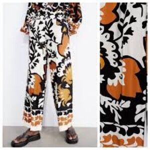 Zara Black and Orange Floral Wide Leg Pants